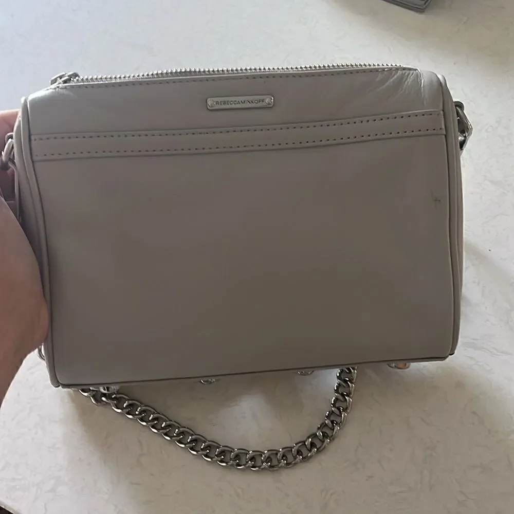 Rebecca Minkoff light gray moto leather bag with silver chain straps, crossbody